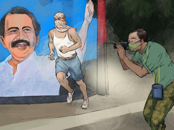 Journalist taking a photo of a man running in front of a mural of Nicaraguan president Ortega