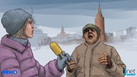 Dessin d'une femme qui interviewe un homme devant le Kremlin en Russie